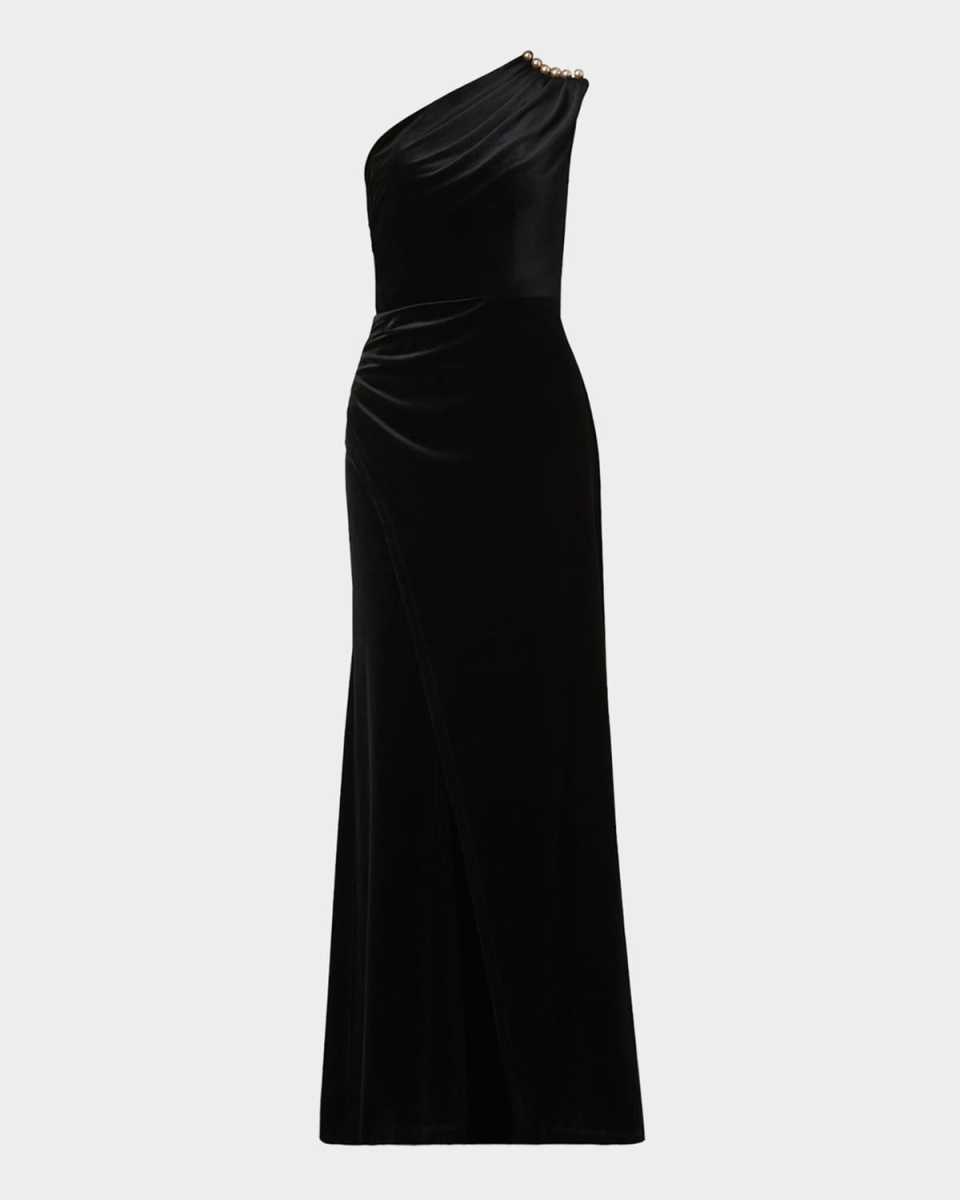 Ola Pleated One-Shoulder Stretch Velvet Gown